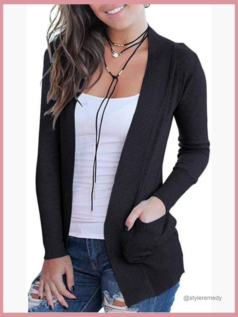 Open Front Long Sleeve Cardigan With Pockets, Viscose Nylon Blend